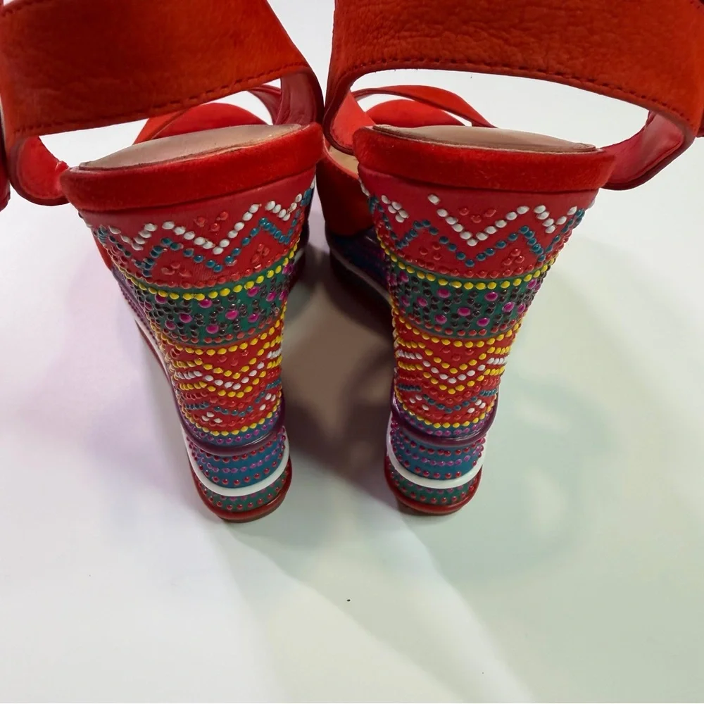 Gianni Bini Red Multicolor Embroidered Wedge Sandals